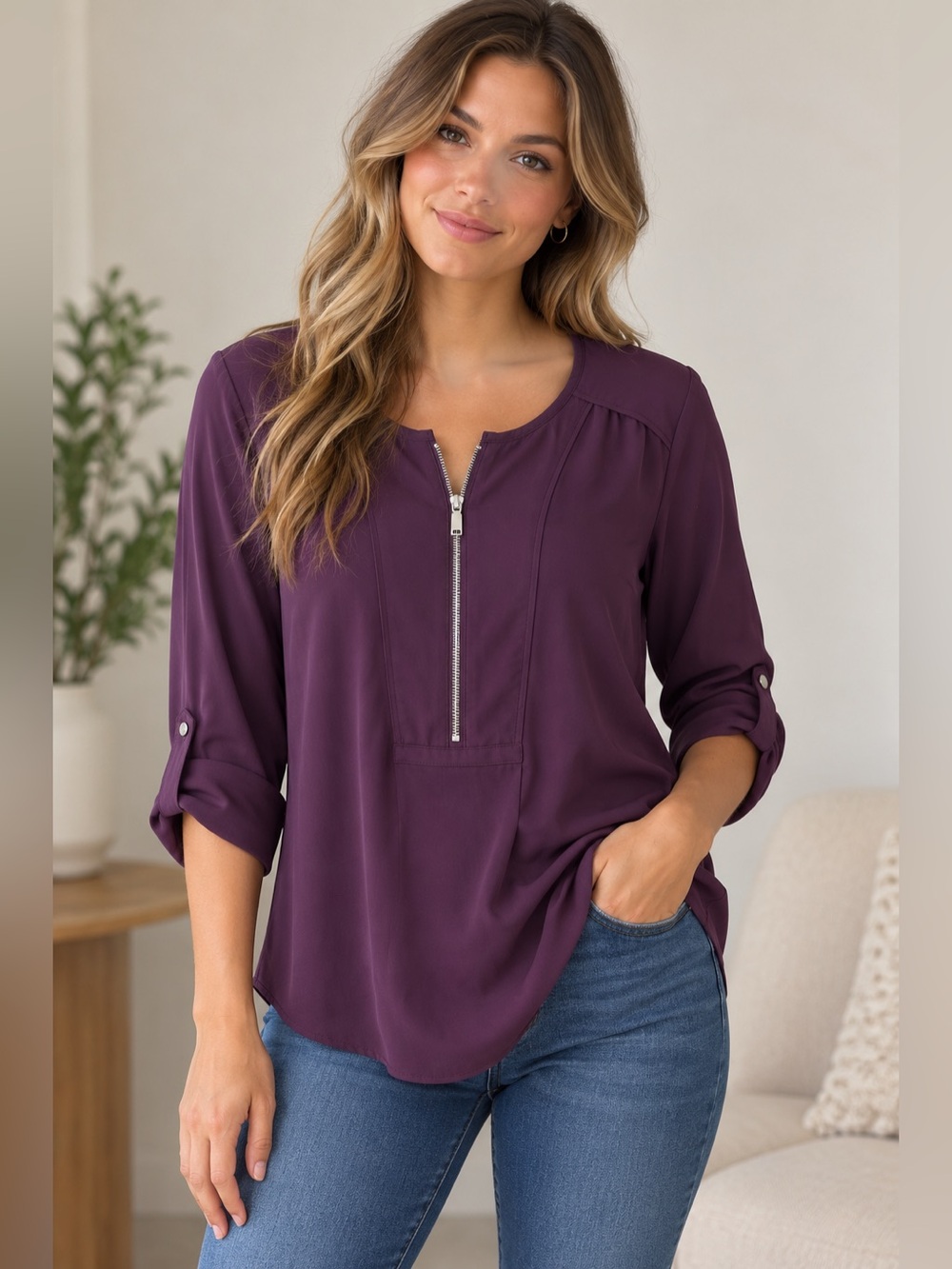 Dynamite Purple Plum Zip Front Blouse – Size L/G – Roll Tab Sleeves